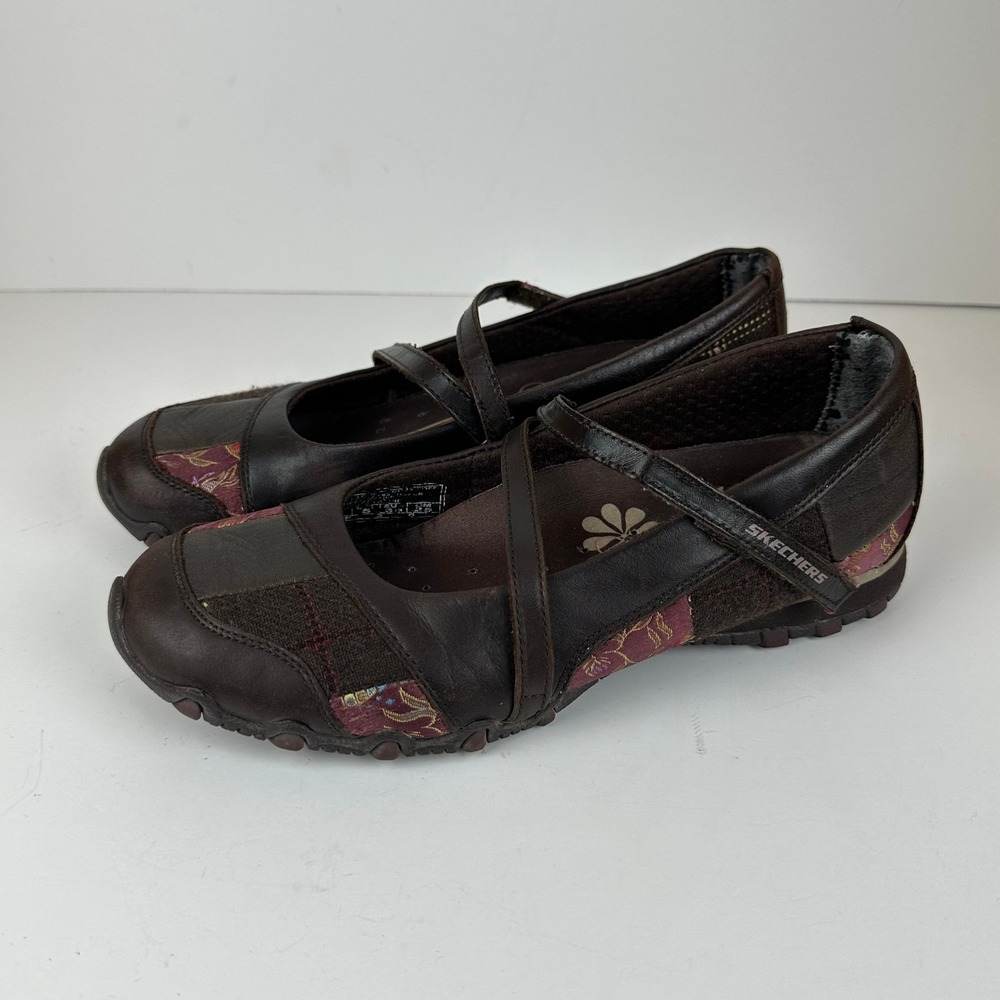 Skechers Bikers Mary Jane Shoes Womens 8 Brown Leather Floral Patchwork Y2K Boho